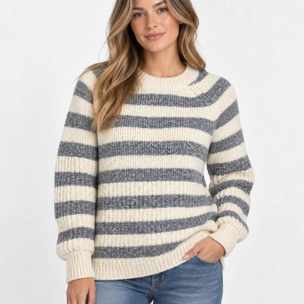 Banana Republic Striped Crewneck Sweater Italian Yarn Wool Blend Gray Cream XS